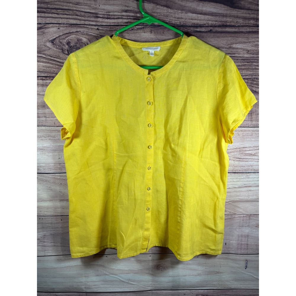 Eileen Fisher Petite Yellow Linen Short Sleeve Button Up Blouse Top PL